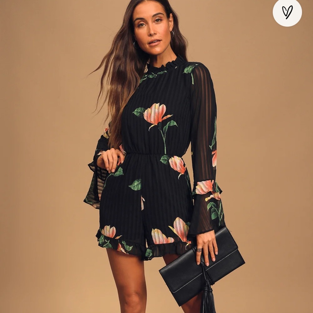 Talking Sweet Black Floral Print Long Sleeve Cutout Romper